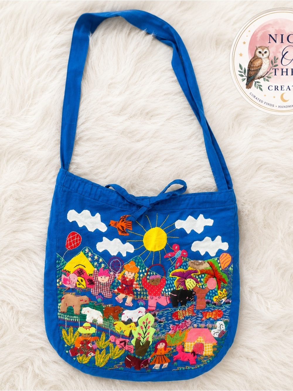 Artisan Tote Bag - Embroidered Peruvian Arpilleraa - Authentic Blue Tote